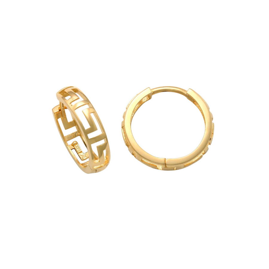 9k YG Round Huggie Earrings 13mm Diameter, Greek Key Cut Design, 4mm Wide