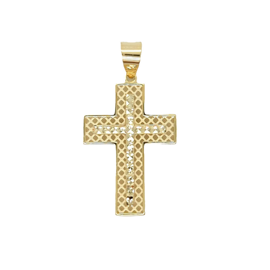 9k YG Checkered Cross with Raised Faceted Cross. 24x17mm