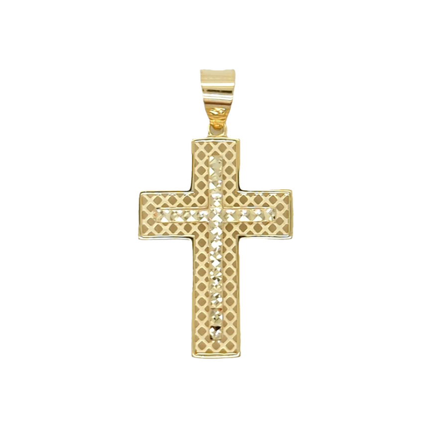 9k YG Checkered Cross with Raised Faceted Cross. 24x17mm