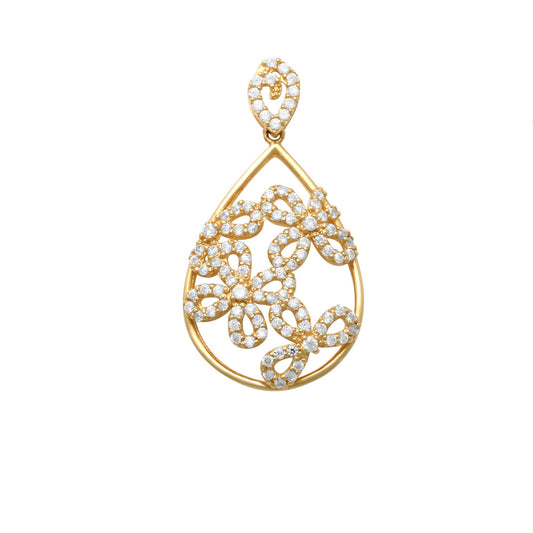 18k YG Tear Drop Pendant Flower design in centre set with CZ's 21mm x 15mm