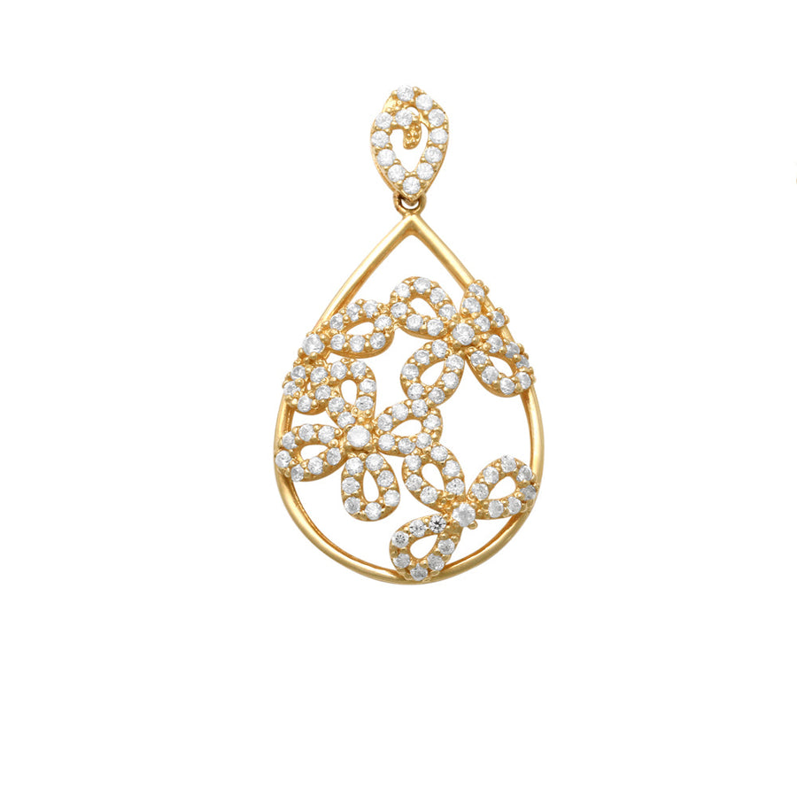 18k YG Tear Drop Pendant Flower design in centre set with CZ's 21mm x 15mm