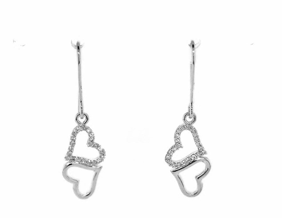 9k WG Diamond Double Heart Shepherd Hook Earrings 44D=0.17ct Meas. 17x8mm