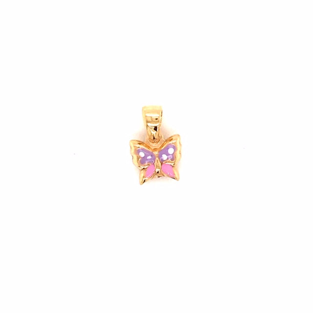 9k YG Hollow Pink & White Enamel Butterfly Pendant . 8mm