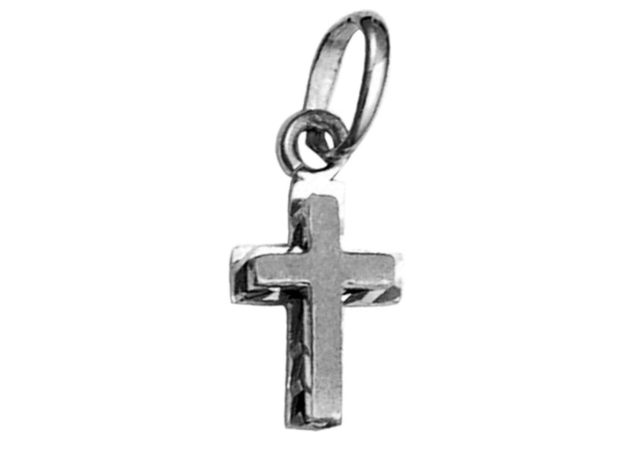 9k WG Solid Fancy Edged Cross Pendant with Matt finish centre 20mm x 11mm.