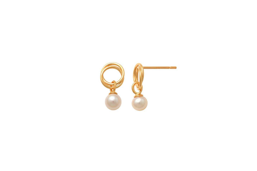 9k YG Circle Drop Pearl Stud Earrings 7x13mm with 4 mm pearl