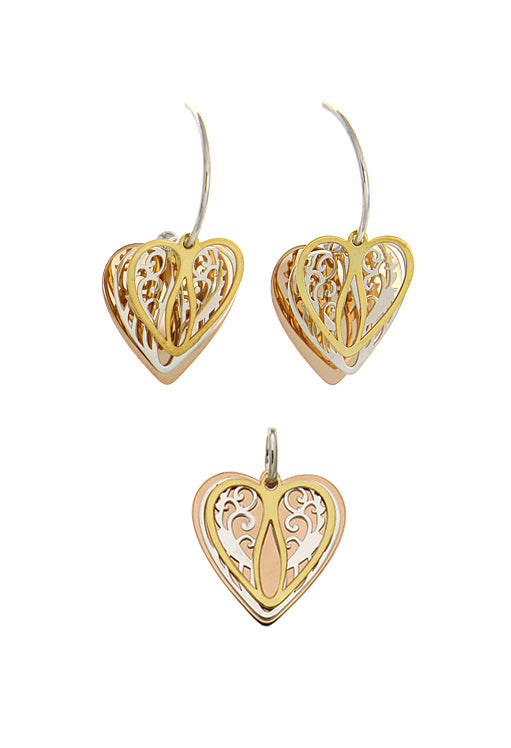 925 3T Laser Cut Triple Heart Set...Stud Earrings and Heart Pendant 19mm wide. Oval Link Chain 1.9mm wide.