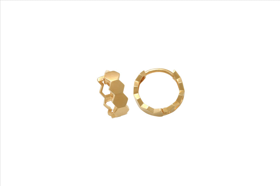 9k YG "Hexagons" Round Huggie Earrings 10mm Diameter. 4mm Wide