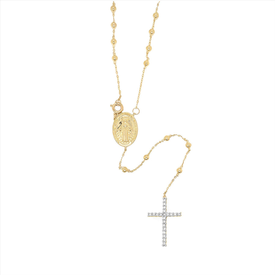 9k YG 2.5mm Polished Balls Rosary Bracelet 0.70mm wide 19cm with Miraculous Madonna and CZ cross.