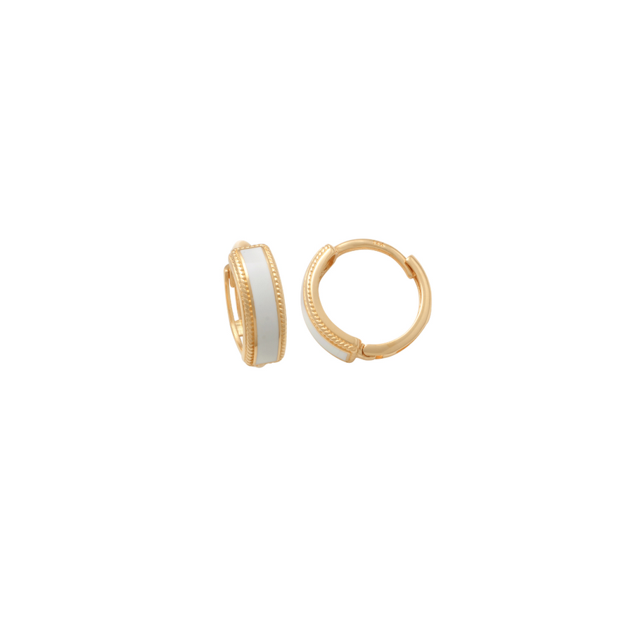 9k YG White Epoxy Huggie Earring. 10mm