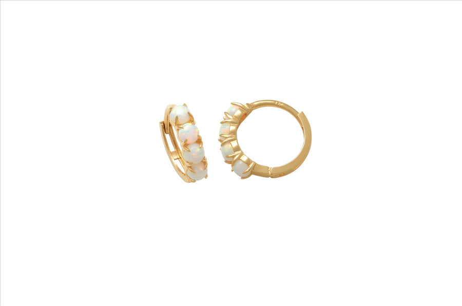 9k YG 4x3mm Syn Opal Round Huggie Earrings 10mm Diameter.