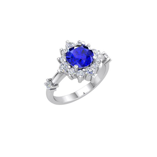 "Giulietta" Platinum Dark Blue Sapphire & Diamond Ring. Set with 1 Dark Blue Sapphire, 6.5mm and Halo & Diamonds on Band set with Natural diamonds = approx 0.50ct. Size N