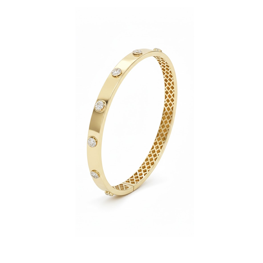 9k YG Hinged Oval Bangle with Diamond Clusters, 35D = approx 0.26ct, SI1 G. 5.8mm -  57x49mm   This is an evening piece not suitable for everyday wear.