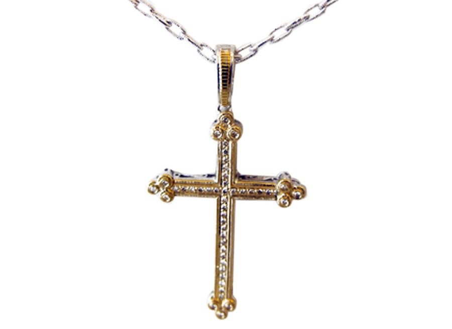 14k & 925 Fancy Cross Pendant set with Diamonds = 0.33ct  Attached to 925 Round Link T-Bar Chain.