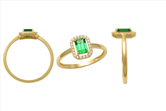 9k YG Green Emerald-Cut CZ Halo Ring with 6x4mm Centre Stone. Size K