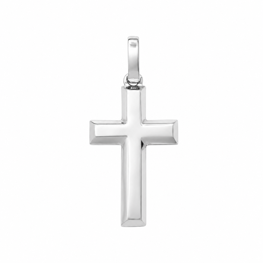 9k WG Small Bevelled Edge Cross Pendant 17mmx10mm