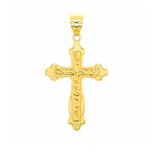 18k YG Orthodox Cross with raised pattern. 26x18mm