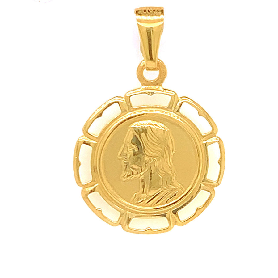 9k YG Italian Solid Round Medallion Pnd with Jesus Engraving and Cut Out Edge . 18mm wide