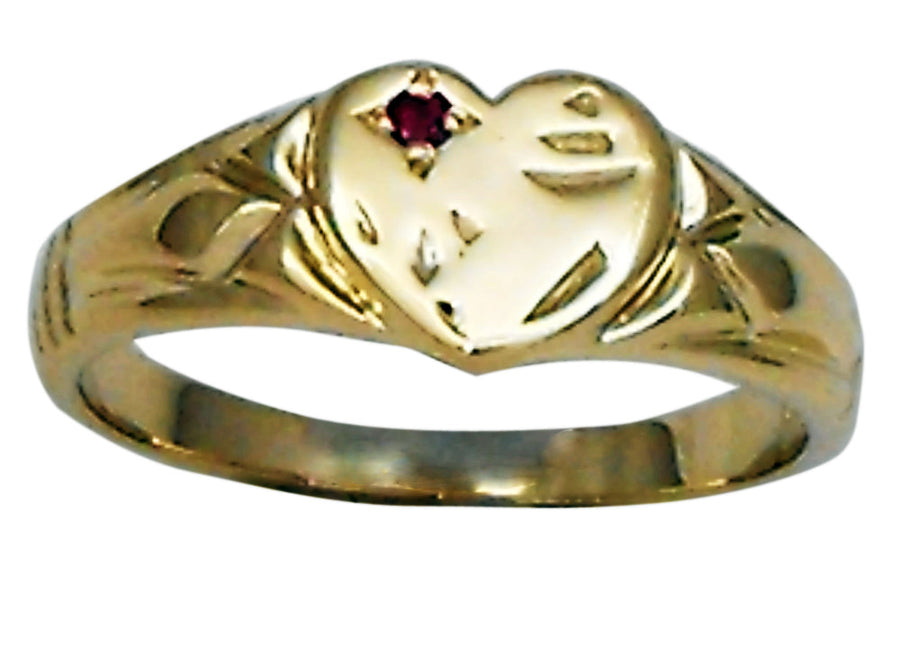 9k YG Heart Signet Ring set with 1Ruby=0.02ct. Size M.