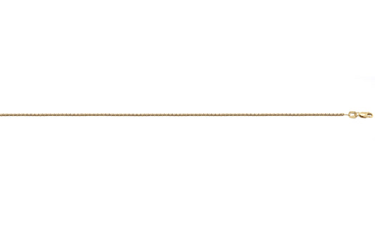 9k YG Round Box Chain 1.15mm wide 55cm. This is an evening piece not suitable for everyday wear. To prevent damage, chain should be stored flat in a protective box. Approx. 4.53g