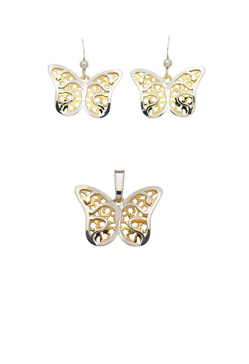 925 2T Laser Cut Fancy Buttefly Set. Shepherd Hook Earrings and Pendant 16x10mm. Italian Box Chain 1.8mm wide.